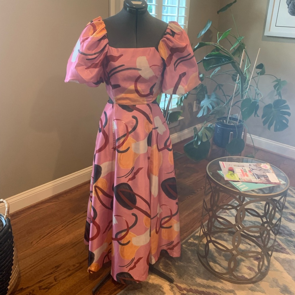 Aureta Studio Pink Printed Puff-Sleeve Cutout Dress from Anthropologie, Size XS